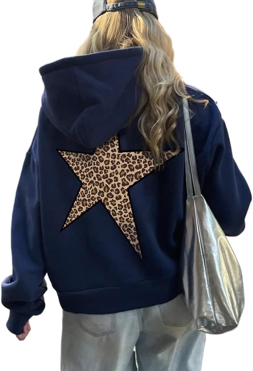 heyheyshine Sudaderas con Capucha con Gráfico de Estrella Oversized Y2k con Estampado de Leopardo Sudadera con Capucha Cheetah Hoodie Streetwear Tops Pullover Unisex