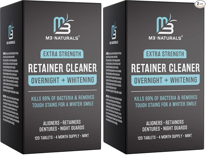 Retainer Cleanser Tablets Invisalign Cleaner, Removes Odors Discoloration Stains and Plaque 4 Month Supply Denture Cleansers Retainers Mouth Guards Denture Bath Mint by M3