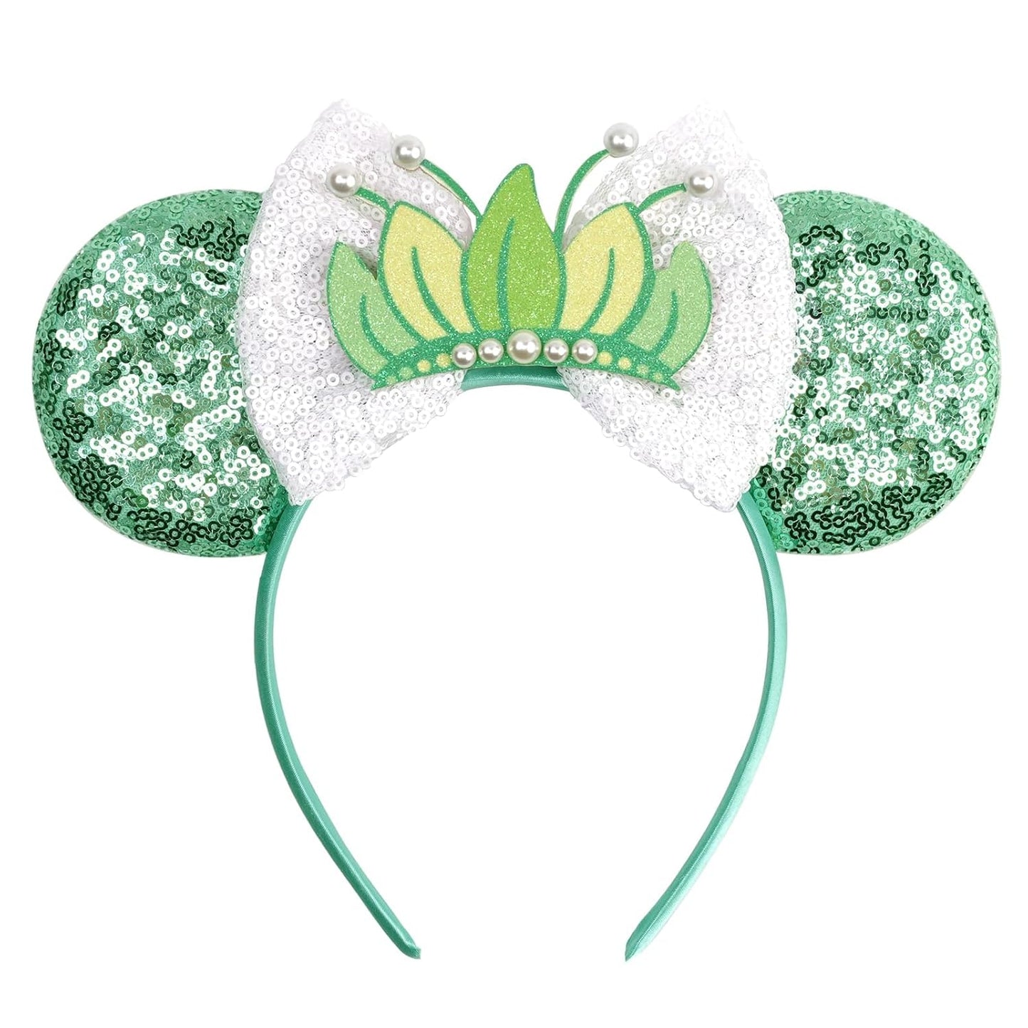 bianbaistar Diadema de orejas de ratón con lentejuelas verdes encantadas con corona de hojas, accesorio inspirado en princesas para parques temáticos y celebraciones reales