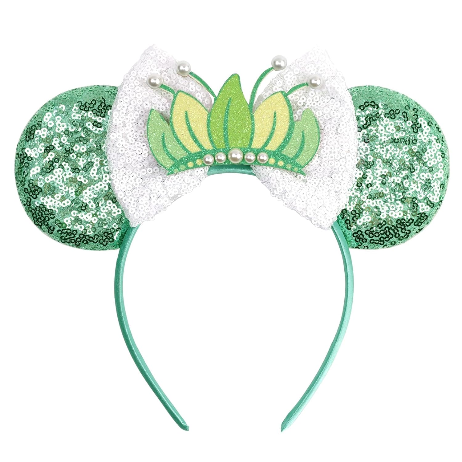 bianbaistar Diadema de orejas de ratón con lentejuelas verdes encantadas con corona de hojas, accesorio inspirado en princesas para parques temáticos y celebraciones reales