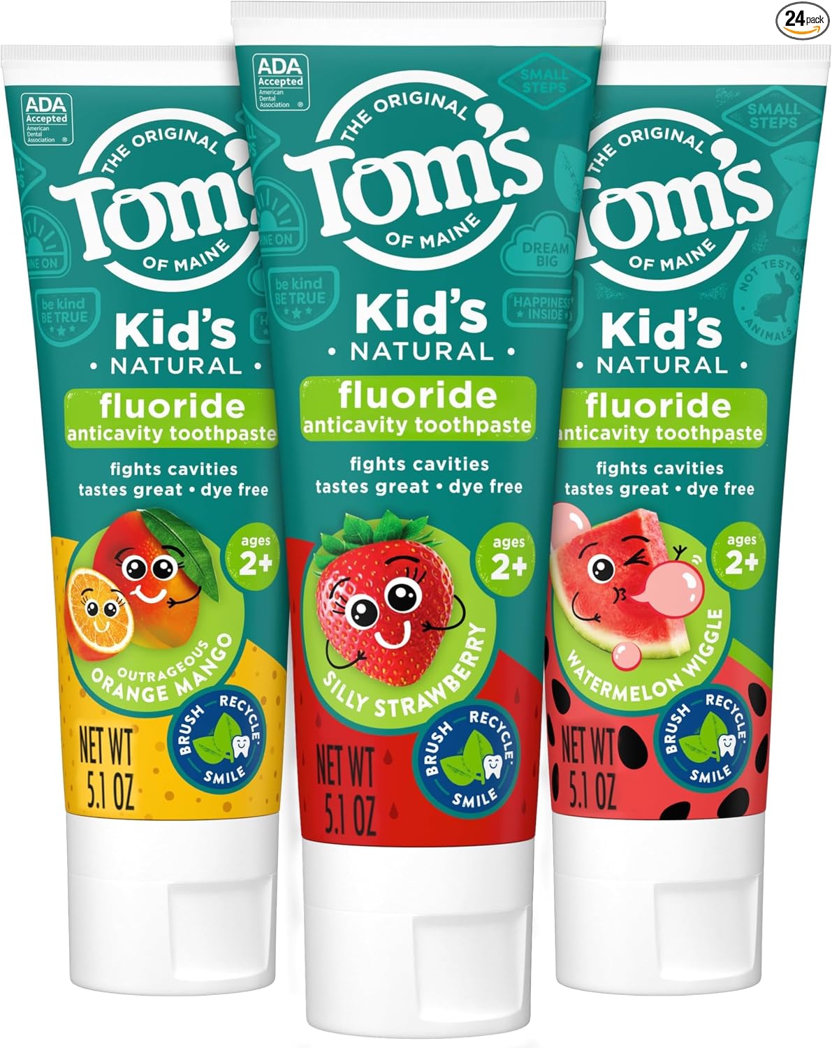 Tom's of Maine Pasta dental con flúor aprobada por la ADA, pasta de dientes natural, sin tintes, sin conservantes artificiales, fresa tonta, 5.1 onzas, paquete de 3 (el embalaje puede variar)