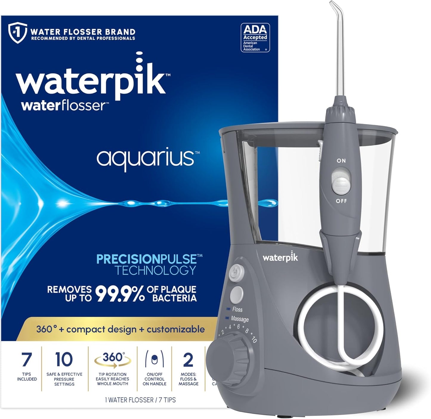 Waterpik Aquarius - Hilo dental de agua para limpieza de dientes, encías, brackets, cuidado dental, energía eléctrica con 10 configuraciones, 7 puntas para múltiples usuarios y necesidades, aceptado
