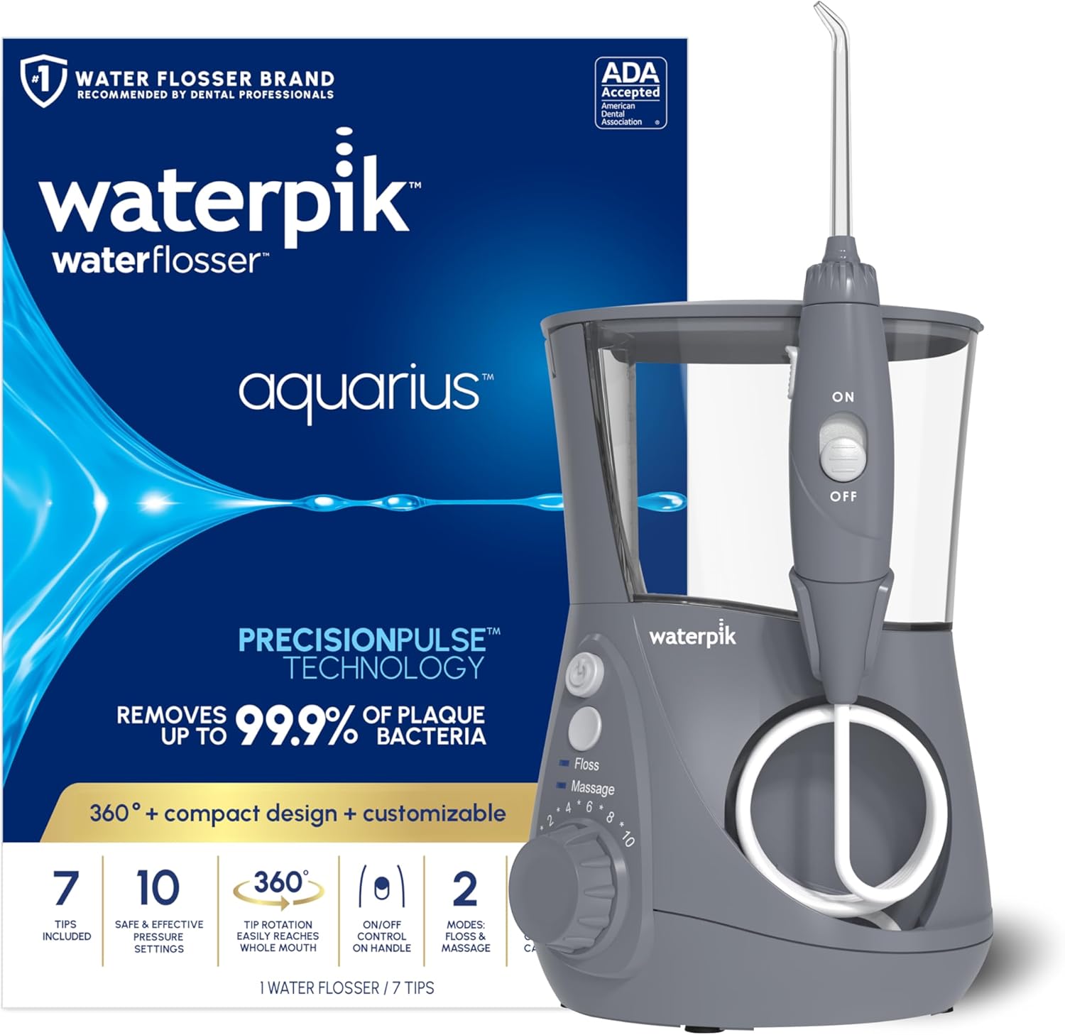 Waterpik Aquarius - Hilo dental de agua para limpieza de dientes, encías, brackets, cuidado dental, energía eléctrica con 10 configuraciones, 7 puntas para múltiples usuarios y necesidades, aceptado