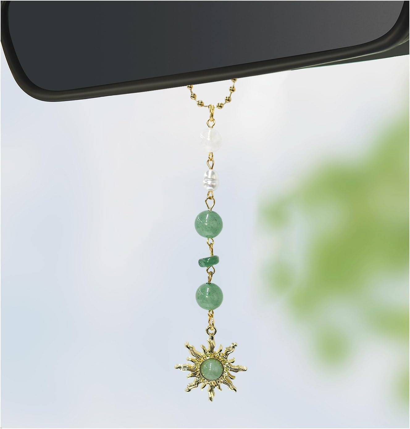 Sun Hanging Car Charm, Cute Boho Dangling Auto Rear View Mirror Pendant Sun Decor, Handmade Vehicle Mirror Hanging Ornament with Healing Crystals Stones for Women Men (Green)