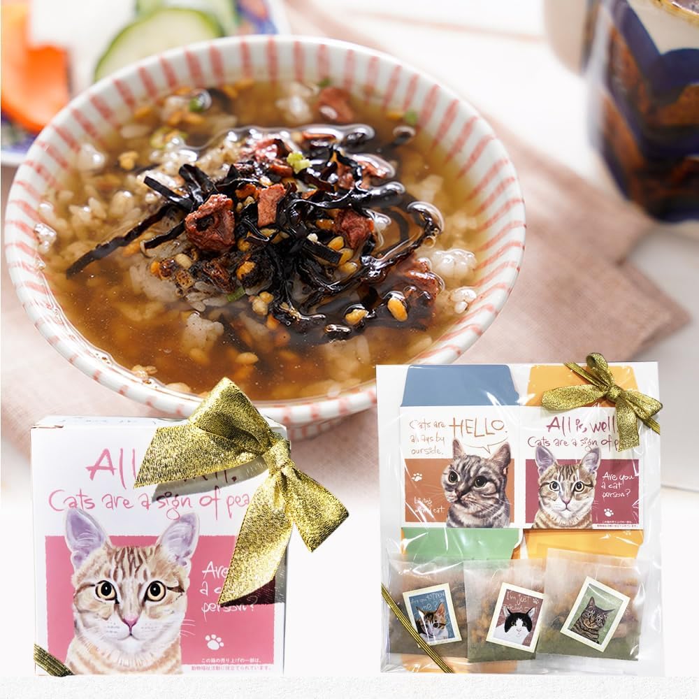 【Taru no Aji】Cat Lovers' Gift Set: Tea-Soaked Nyanko BOX with Kishu Nanko Plum Pickled Plums and Deep Koji Dashi Flavored, Additive-Free Tea-Soaked Seasoning, Kishu Nanko Plum Tea-Soaked with Hojicha
