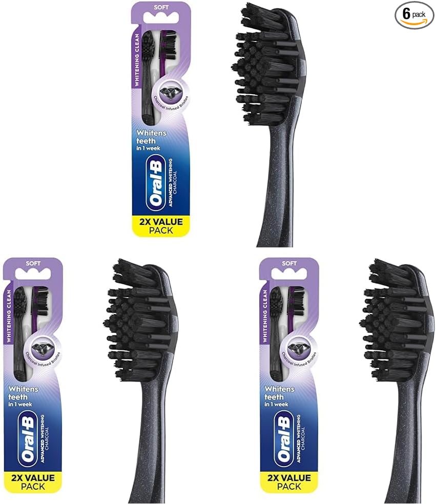 Oral-B - Cepillo de dientes manual 3D de carbón blanco, paquete de 2, cerdas medianas, cepillos blanqueadores de dientes para adultos