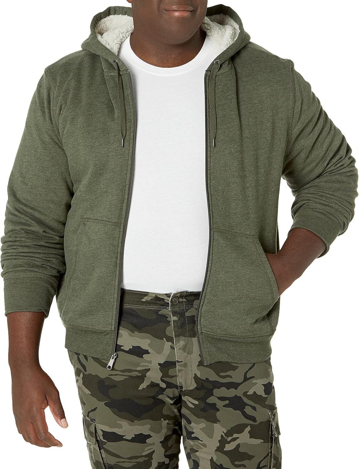 Essentials Sudadera con capucha para hombre, forro de sherpa y cierre completo de cremallera de felpa