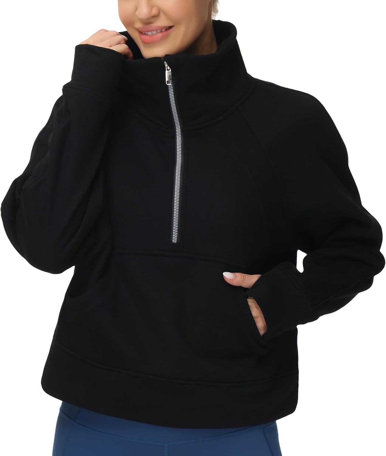 THE GYM PEOPLE Sudadera corta de forro polar con media cremallera para mujer con bolsillos y agujero para el pulgar | Crop sweatshirt with thumb hole, Functional pockets, Fleece Lined, Half zip sweatshirt for work, travel