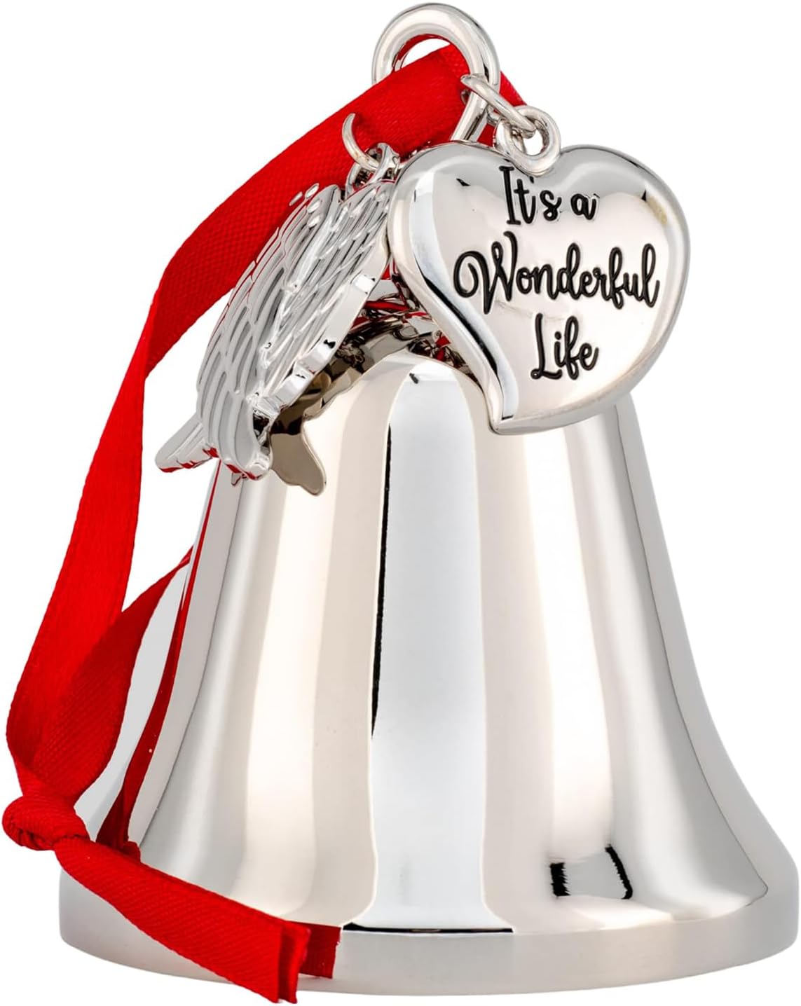 Adorno de K9King de campana de ángel navideña inspirada en el lema: la vida es maravillosa, con colgante de ala de ángel de acero inoxidable. Nuevo tamaño más grande y ahora viene con 2 cintas