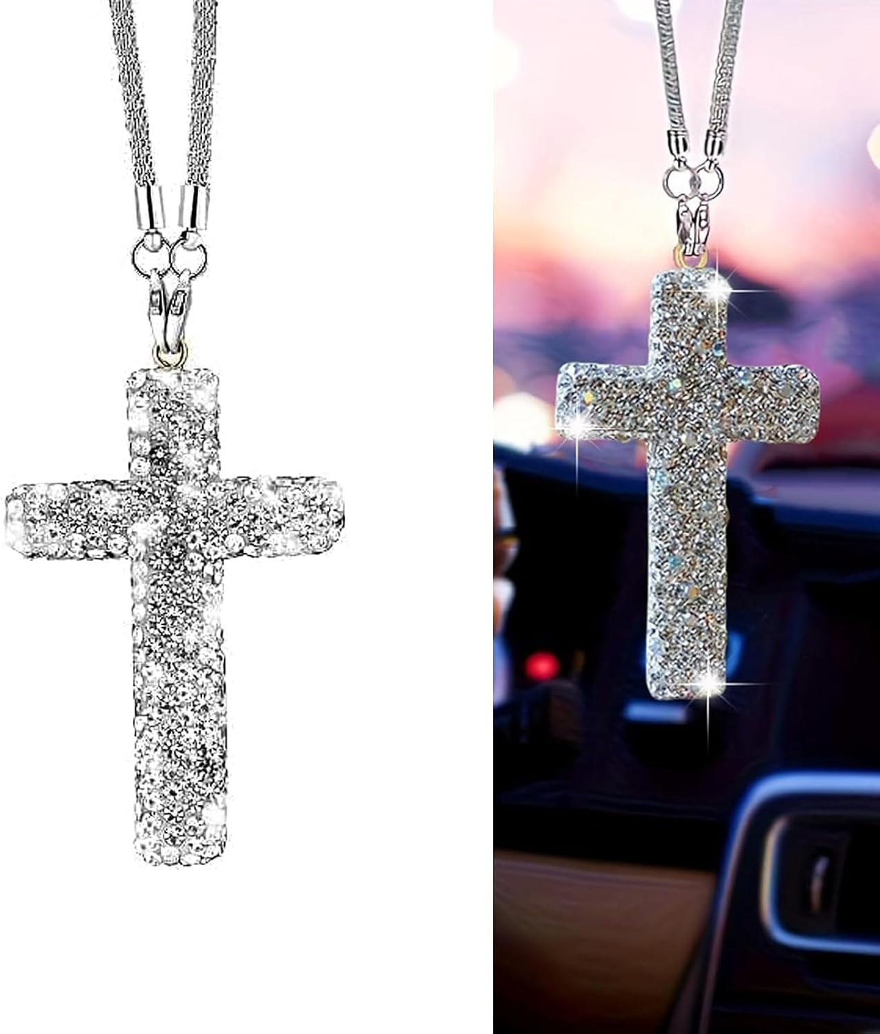 Adorno colgante para automóvil, colgante de fe con cruz brillante, diamantes de imitación incrustados a prueba de óxido, dije de decoración de espejo retrovisor estilo hip hop, accesorio