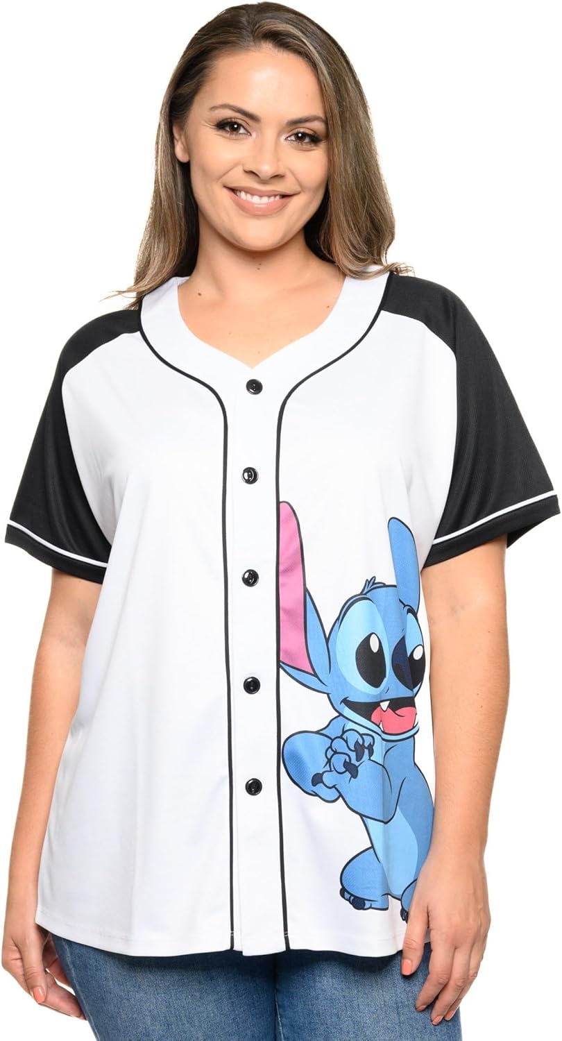 Disney Mickey Mouse Stitch Jack Skellington - Camiseta para mujer, con botones frontales, talla grande