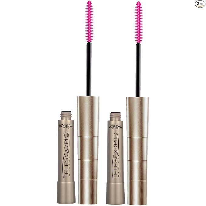 L'Oreal Paris - Máscara de alargamiento de pestañas, maquillaje telescópico original, con cepillo de doble precisión para separar pestañas, lavable, marrón negro, 8 mL, paquete de 1