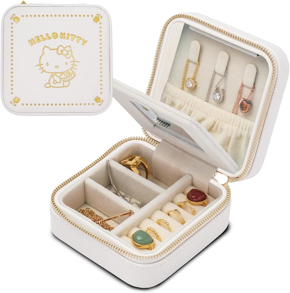 L'a Poume Sanrio Jewelry Case, Accessory Case, Ring Case, Medium Size, Compact with Mirror, Portable, Travel, Business Trip (Hello Kitty (Off-White)