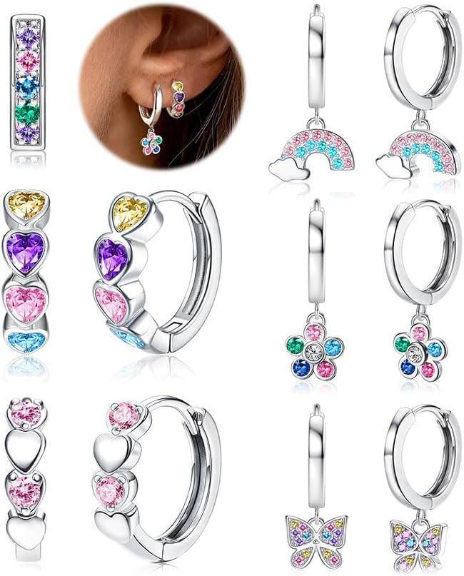 JeweBella 6 Paires Boucles d'oreilles Femme Creoles Acier Chirurgical Boucle d'oreille Pendante Cœur Étoile Hypoallergénique Boucles d'oreilles Enfants Fille pour Piercing Oreille Cartilage