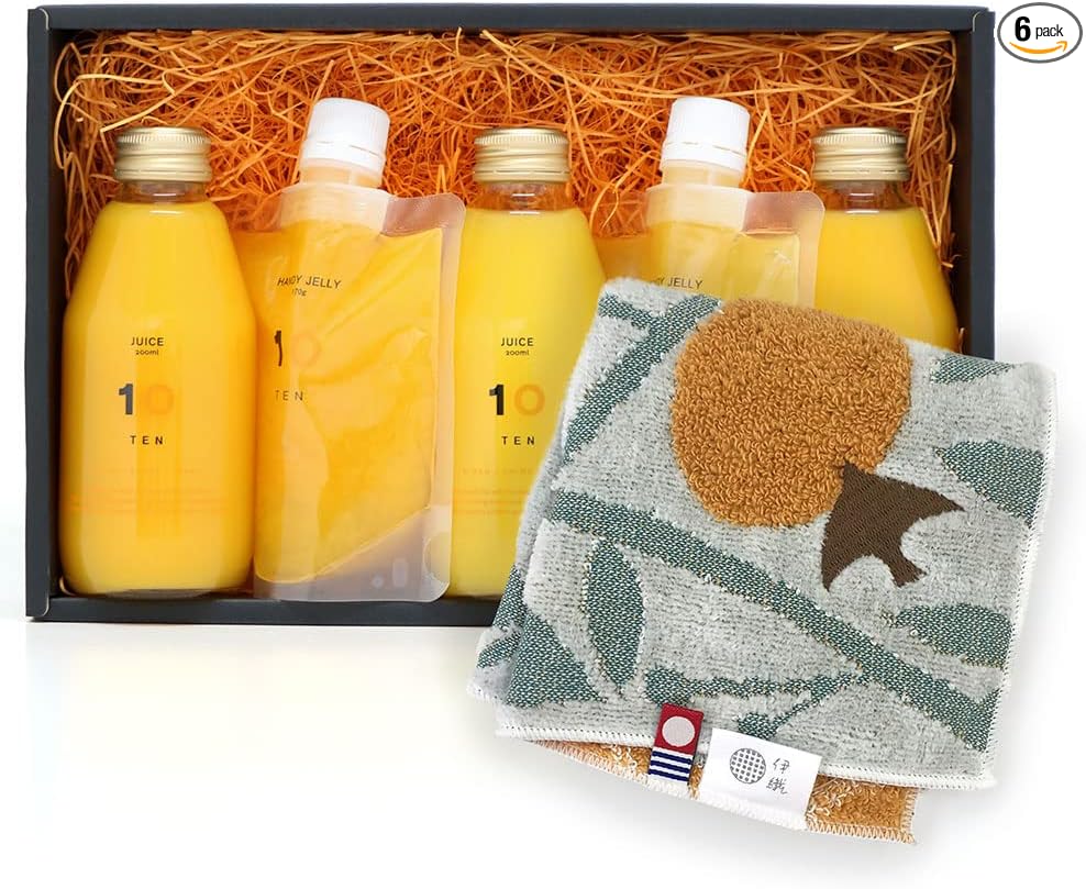 10FACTORY Gift Ehime Mandarin Orange Juice, Imabari Towel, Iori Mikan Set, Boxed, Handbag Included, High Quality, Additive-Free, Made in Japan (Handkerchief + 6.8 fl oz (200 ml) x 3)
