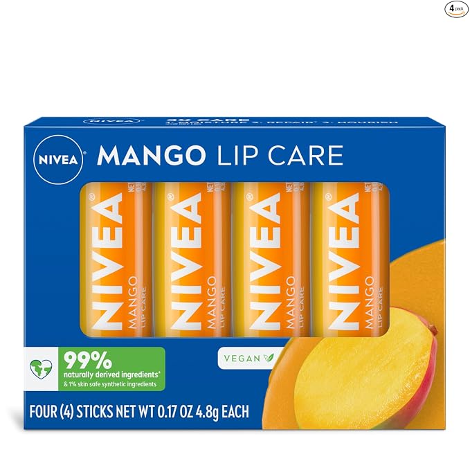 NIVEA Lip Care, Paquete Variado de Bálsamo Labial Tintado Frutal, Sabores a Cereza, Fresa, Mora y Sandía, Humedad, Reparación y Color 3-en-1, Barra de 0.17 Oz, Paquete de 4