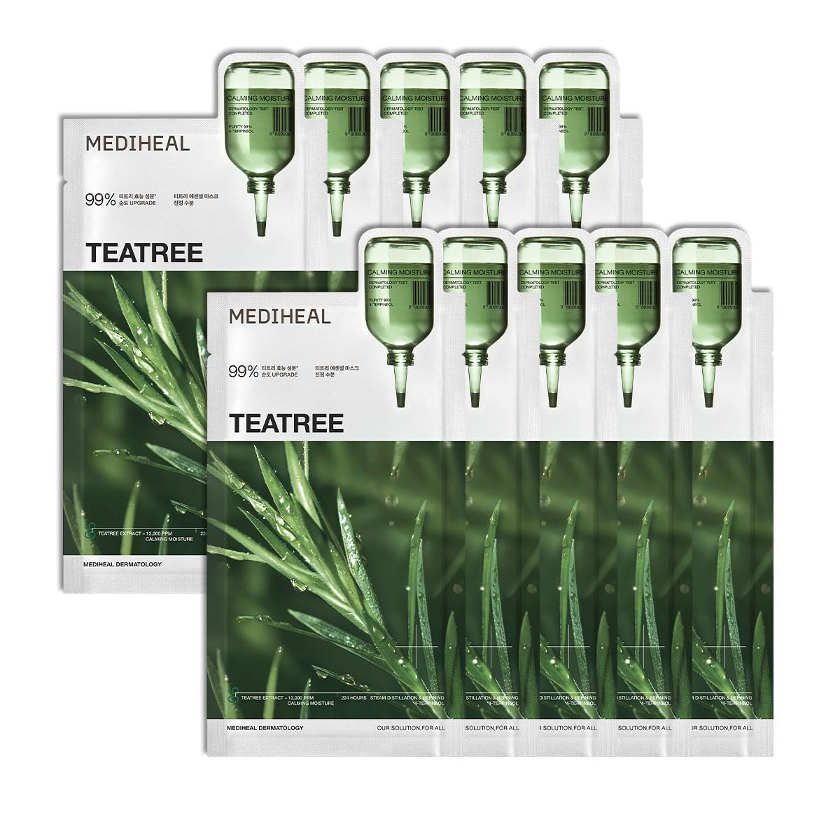 Mediheal Máscara de hoja esencial Madecassoside Reparación de imperfecciones 10 piezas. 98% pureza Madecassoside y ácido hialurónico incluidos. Mejora de la barrera de humedad y cuidado de la textura