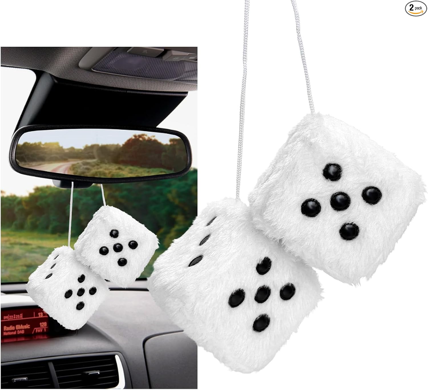 2 dados de felpa mullidos con puntos, decoración cuadrada retro de 3 pulgadas, lindo colgante de espejo retrovisor, dados de felpa suave, adorno clásico para colgar en interiores de automóvil