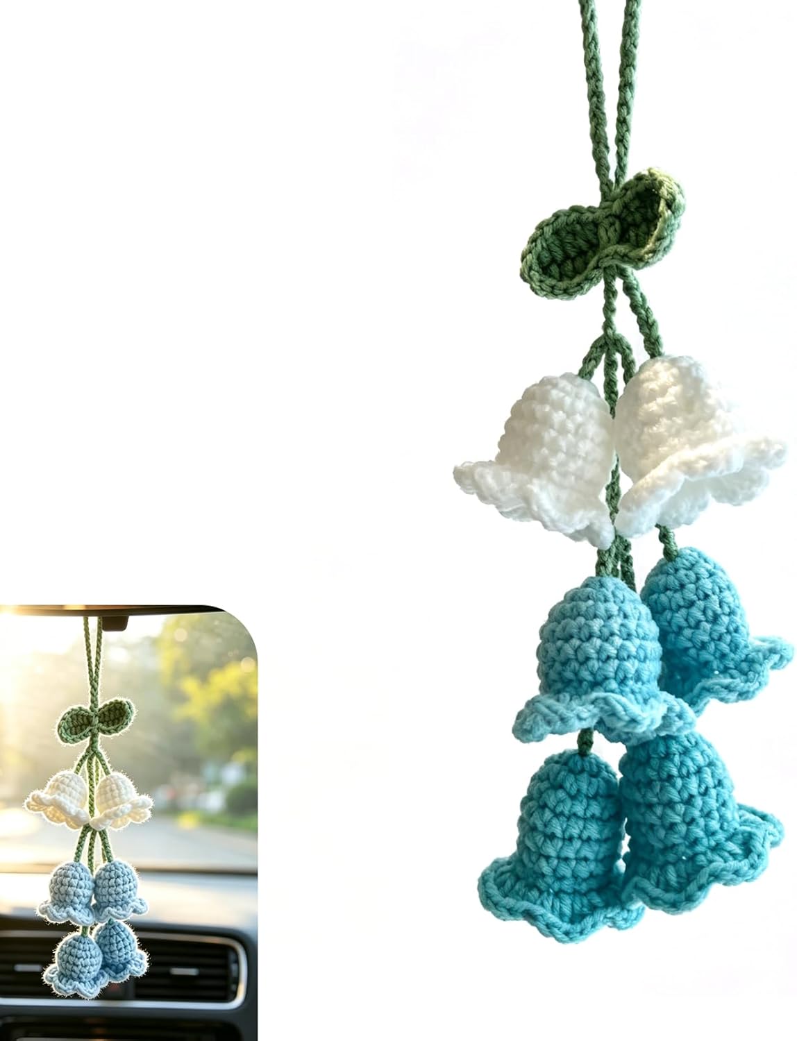 Car Mirror Lily Flower Hanging Ornament, Handmade Knitted Sweet Flower Design Rear View Mirror Pendant, Gradient Auto Interior Rearview Decor, Universal for Most Cars, SUVs, Trucks (Blue)