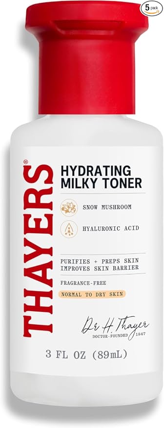 THAYERS Tónico facial lechoso para el cuidado de la piel con Tremella de hongos y ácido hialurónico, tónico facial suave natural, para piel seca y sensible, 12.0 fl oz