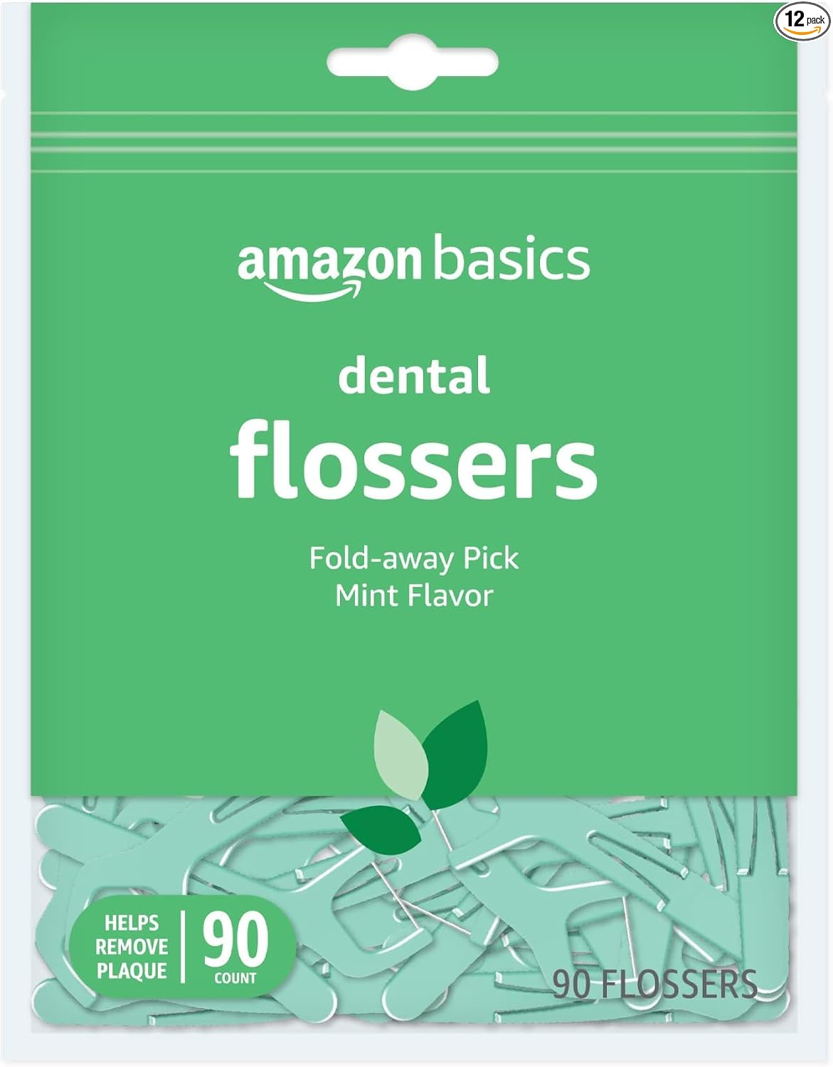 Basics Mint Dental Flossers, Shred Resistant, Slides Easily Between Teeth, with Fold-Away Pick, 90 Count, 1-Pack (Previously Solimo)