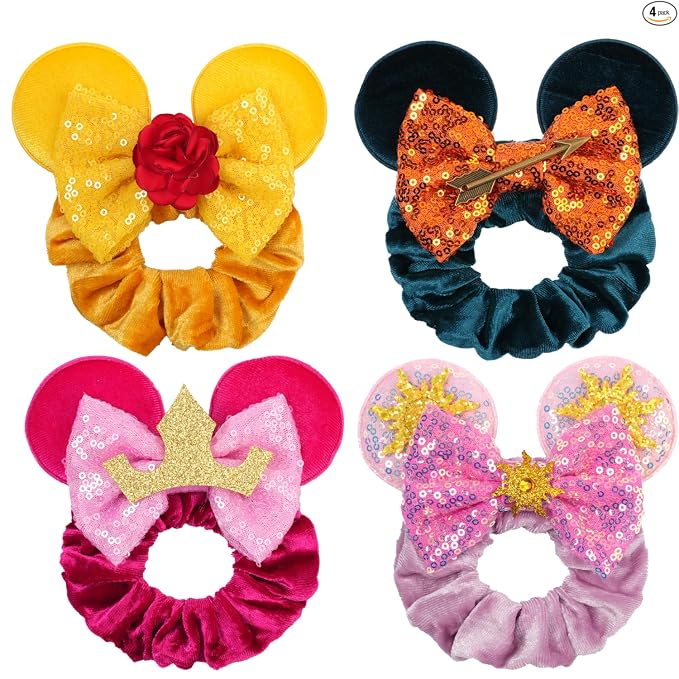 Coleteros de Cabello de Terciopelo con Lentejuelas Brillantes y Lazos de Orejas de Ratón - Paquete de 4 Accesorios Elásticos para el Cabello para Mujeres, Niñas, Niños, Cosplay, Vacaciones, Fotografía