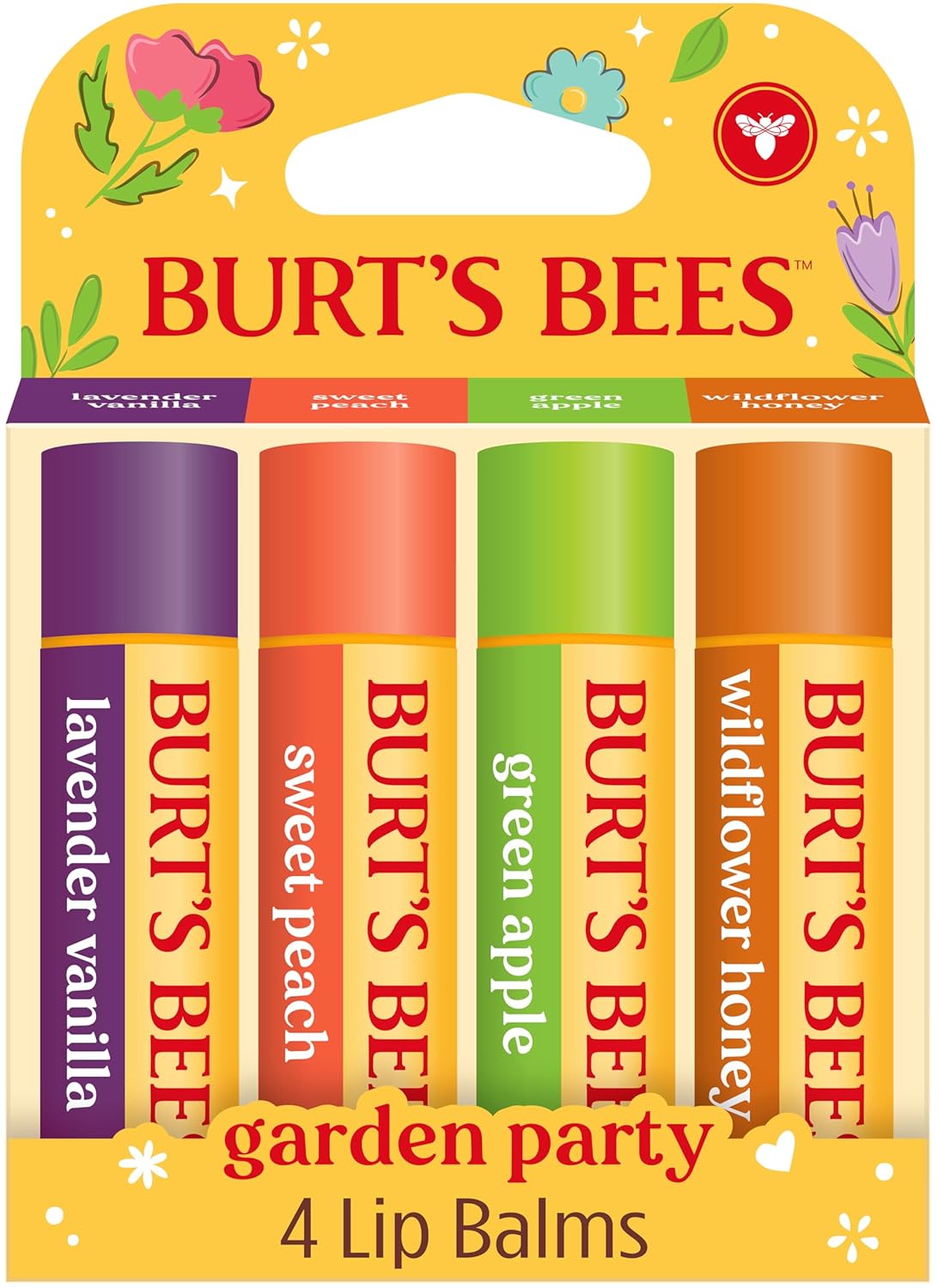 Burt's Bees Gifts Ideas - Juego de bálsamo labial para fiesta de jardín, vainilla lavanda, melocotón dulce, manzana verde, miel de flores silvestres, con cera de abejas de origen responsable, tratamiento labial de origen natural, 0.15 onzas, cuatro tubos