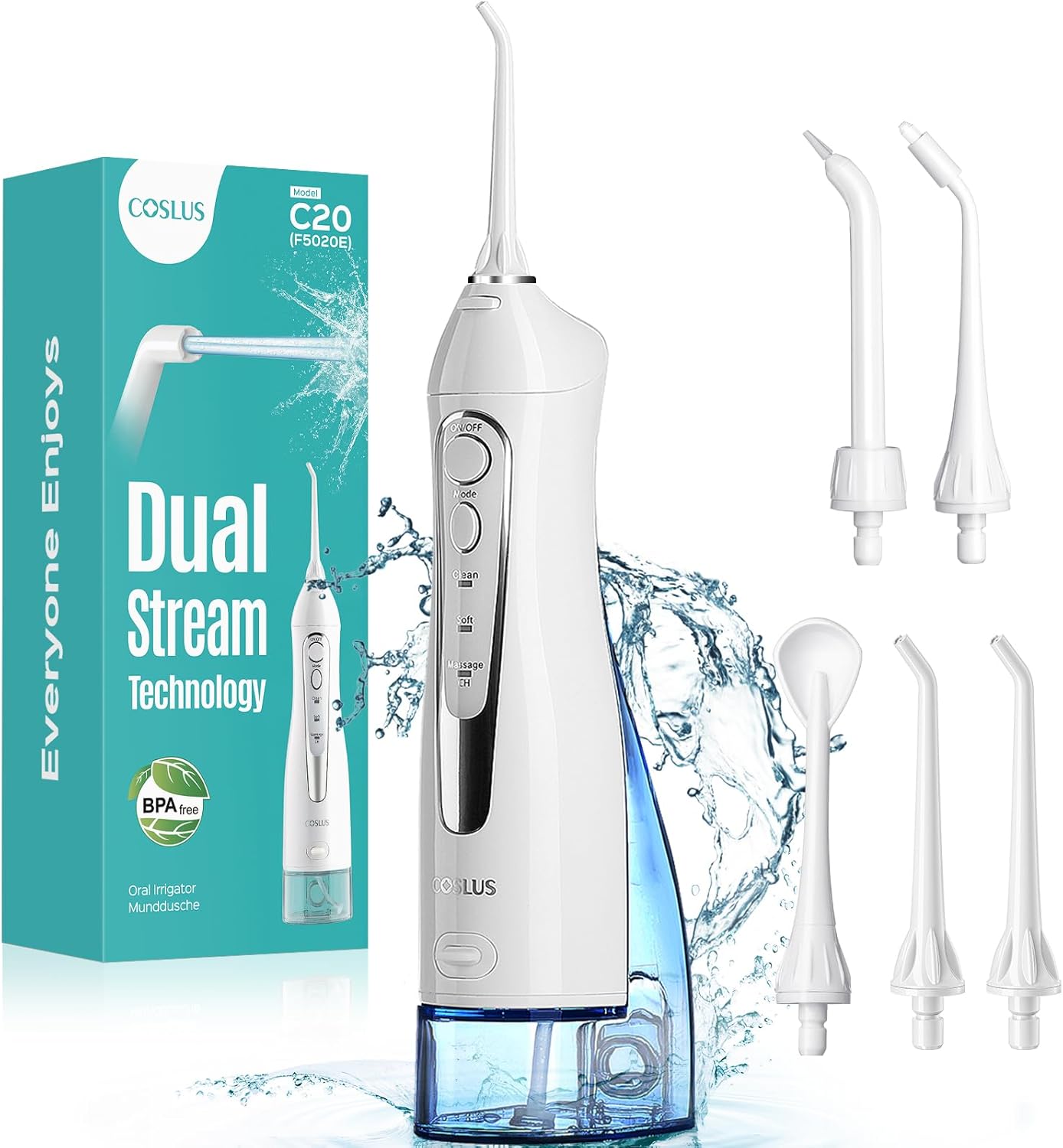 COSLUS ADA Accepted Water Dental Flosser Teeth Pick C20: Portable Cordless Oral Irrigator 300ML Rechargeable Travel Irrigation Cleaner IPX7 Waterproof Electric Flossing Machine, Professional Set Black