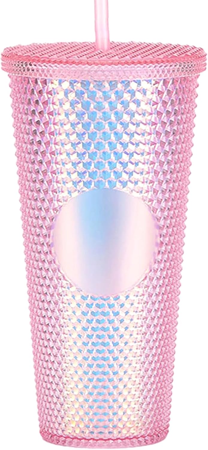 Vaso con Tachuelas con Pajita, Vasos con Tapas y Pajitas, Vaso Rosa con Pajita, Vaso Texturizado Sin BPA de Plástico de Doble Pared para Café Helado, Bebidas Frías o Agua 24 oz