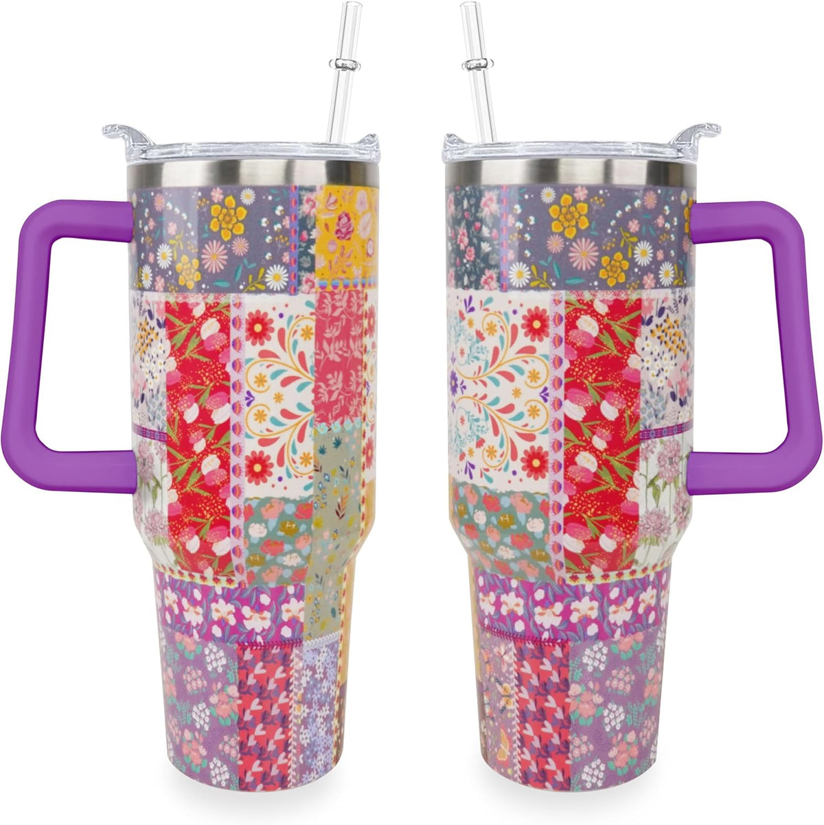Sunmdecor Vaso de 40 onzas con asa y pajitas de silicona, vaso aislado de café con asa, vaso de 40 onzas con asa