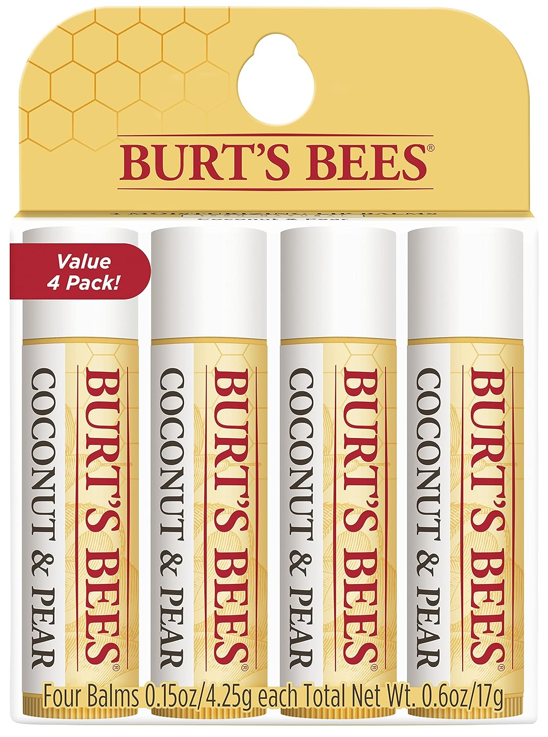 Burt's Bees - Bálsamo labial hidratante 100 % natural, fresa con cera de abejas y extractos de frutas, 4 tubos