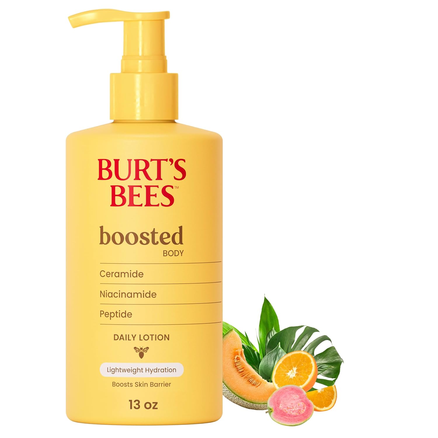 Burt's Bees Loción corporal potenciada, con un complejo de ceramida, niacinamida y péptidos, loción diaria ligera que ayuda a aumentar la barrera cutánea, aroma tropical, botella de 13 onzas