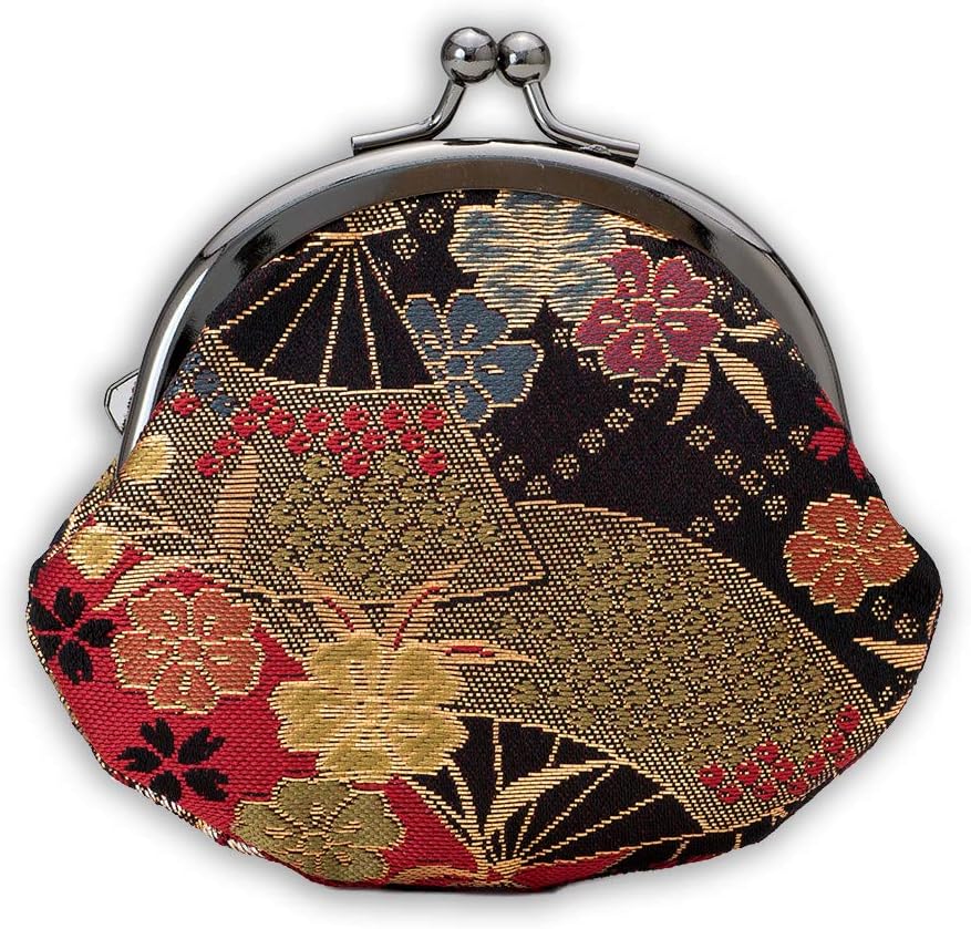 Kyoto Geibido Nishijin Weave 2.6-Inch Coin Purse Pouch, Handcrafted by Artisans, Japanese Pattern, Made in Japan, black 2