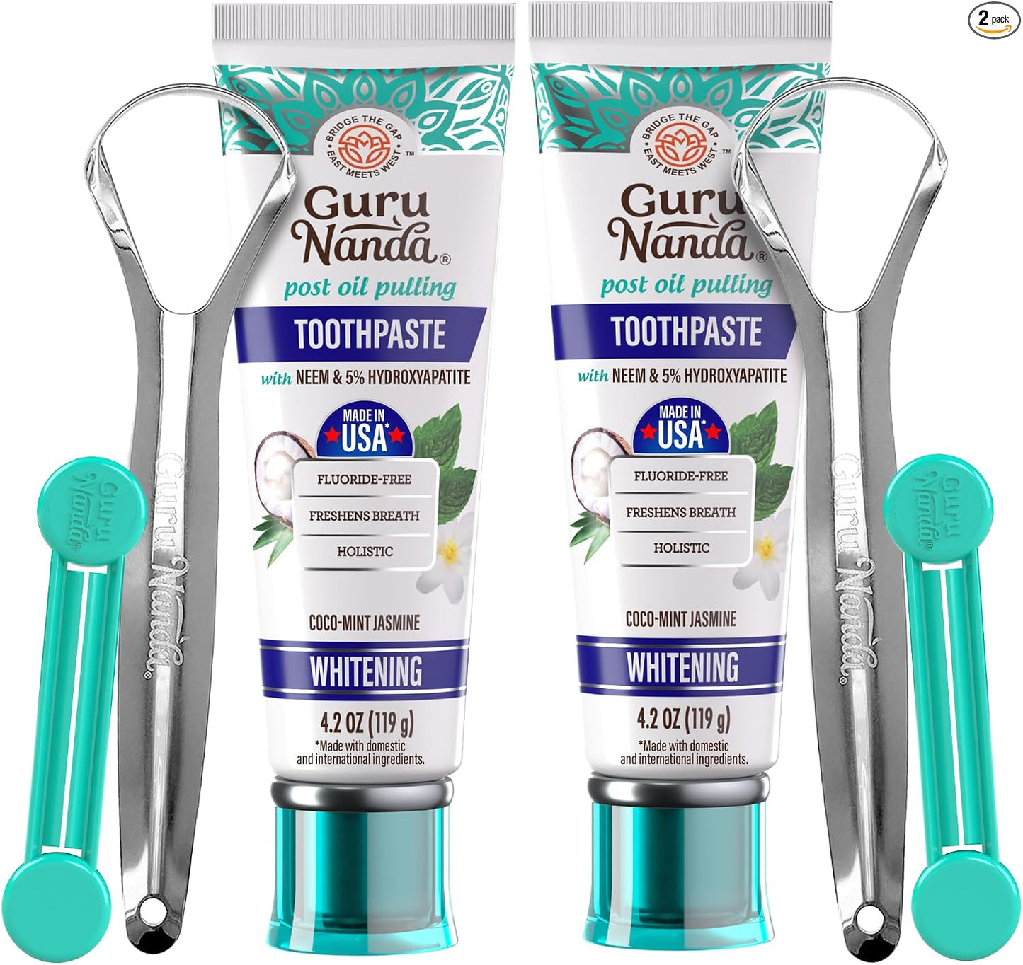 GuruNanda Pasta de dientes con hidroxiapatita, libre de SLS y fluoruro, pasta de dientes blanqueadora con raspador de lengua y exprimidor - Refresca la respiración, combate la placa - CocoMint natural