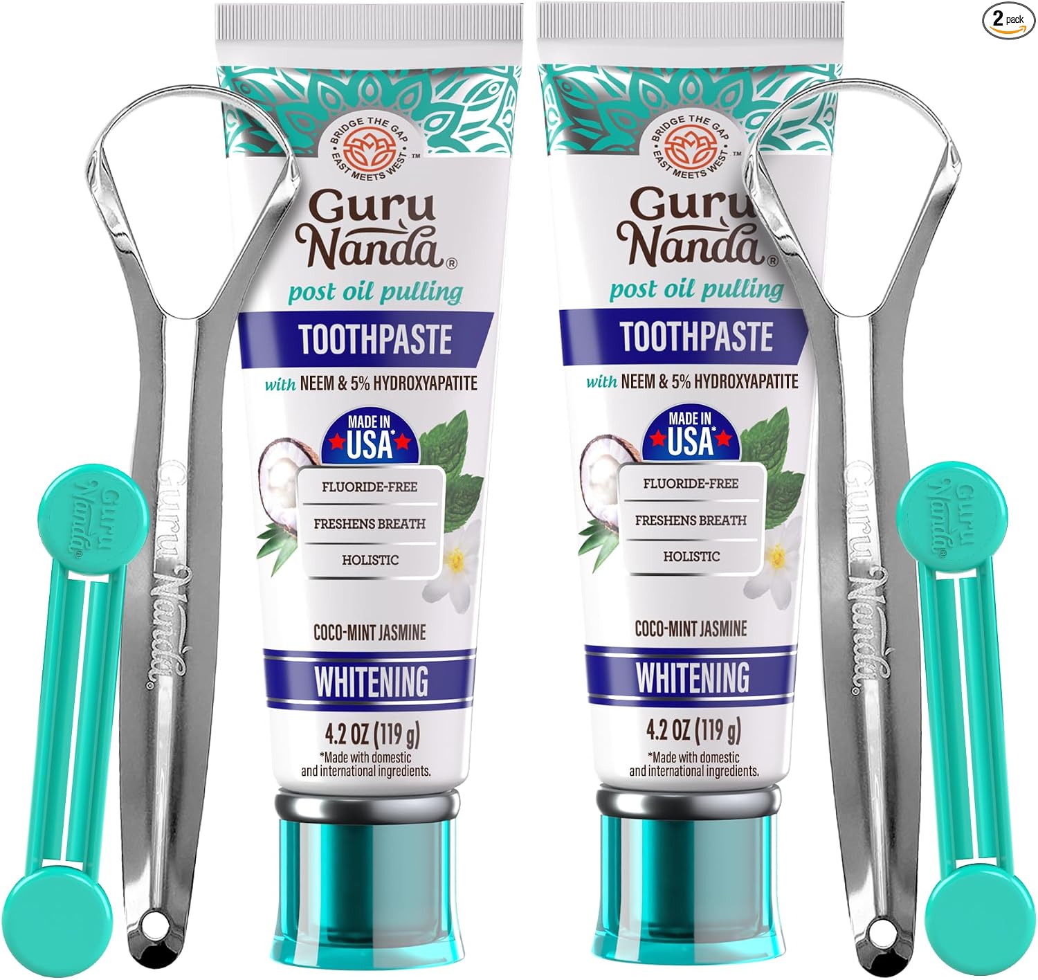 GuruNanda Pasta de dientes con hidroxiapatita, libre de SLS y fluoruro, pasta de dientes blanqueadora con raspador de lengua y exprimidor - Refresca la respiración, combate la placa - CocoMint natural