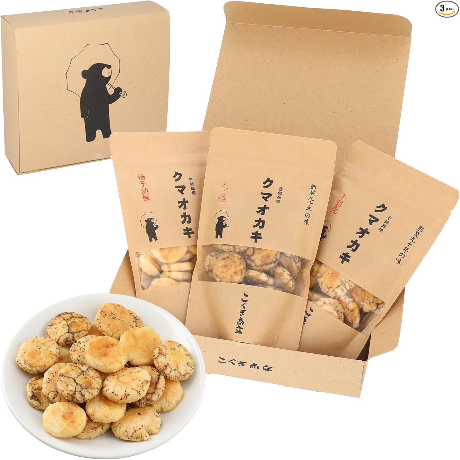 Koguma Shop Kuma Oka-ki Crackers, Sweets Gift, Osaka Souvenir (50g x 6 Bags, Best-Selling 6 Selection (Nori Salt, Sweet from, Shrimp, Burdock, Cheese, Yuzu Pepper))