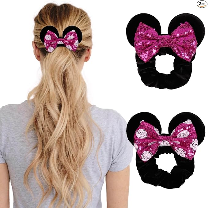 Lazos de pelo con lentejuelas para mujer, lazos de terciopelo con orejas de ratón para coleta, recuerdos de fiesta, disfraz de cosplay, accesorios lindos, rojo y negro