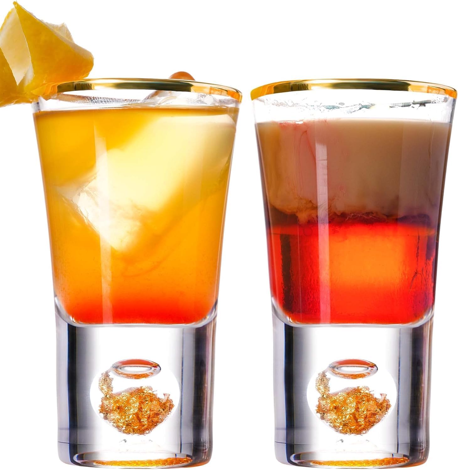 【morningplace】Crystal Shot Glass Heavy Base with 4K Gold Foil Flakes Heat Resistant Cup Gift Tequila Espresso Party (Set of 6)