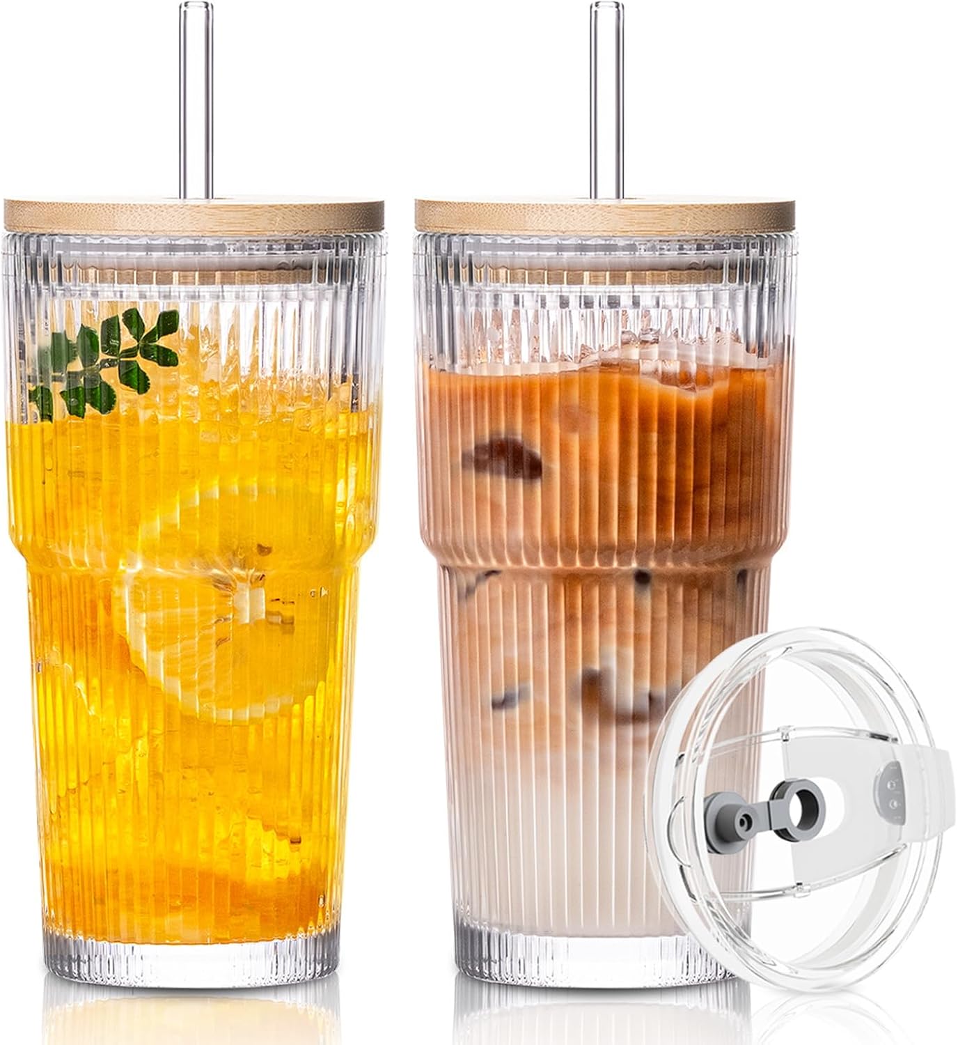 SoulTimes Juego de 2 vasos de vidrio acanalados y florales de 20 onzas, vasos de vidrio reutilizables con tapa y popote de vidrio, tazas de café helado para agua, batido, leche, cóctel y más, perfecto