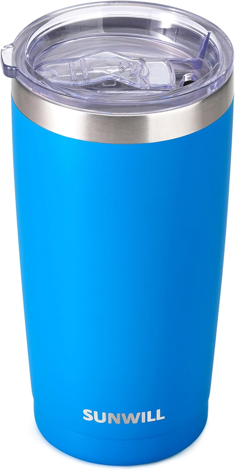 SUNWILL Vaso de café de viaje de 20 onzas, taza aislada con tapa, taza de acero inoxidable para exteriores, recubrimiento en polvo, color azul rey