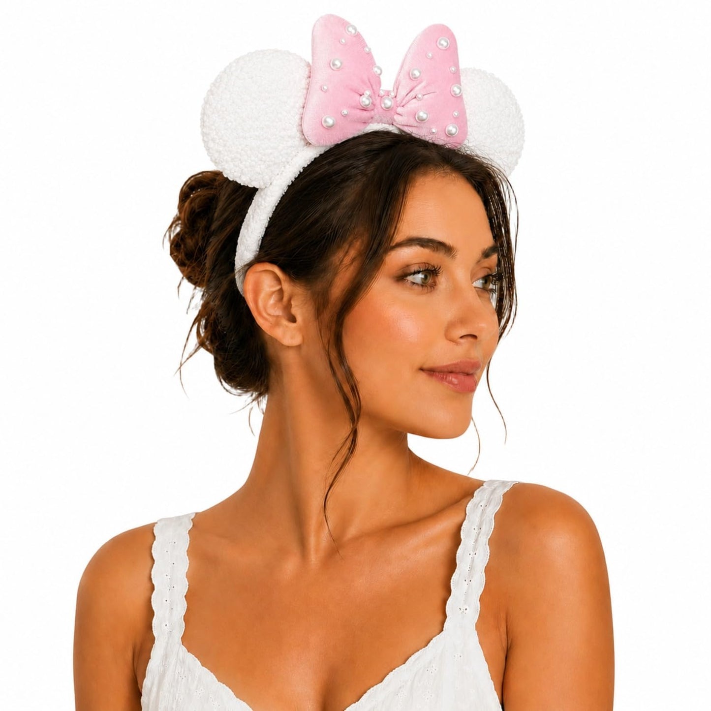 Diadema de terciopelo 3D con orejas de ratón con cuentas de perlas, lazo rojo con lentejuelas, diadema de fiesta en el parque para mujeres y niñas