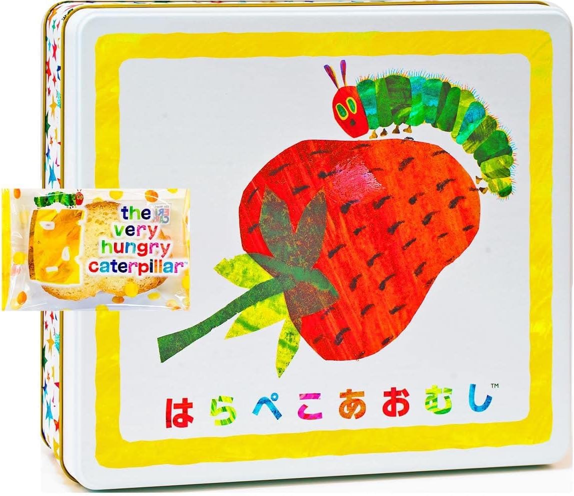 はらぺこあおむし Canned Snack Assortment Large Size Okakiya + Rusk Suitable for Gifts or Internal Celebrations Strawberry Design Can Our Original Plan