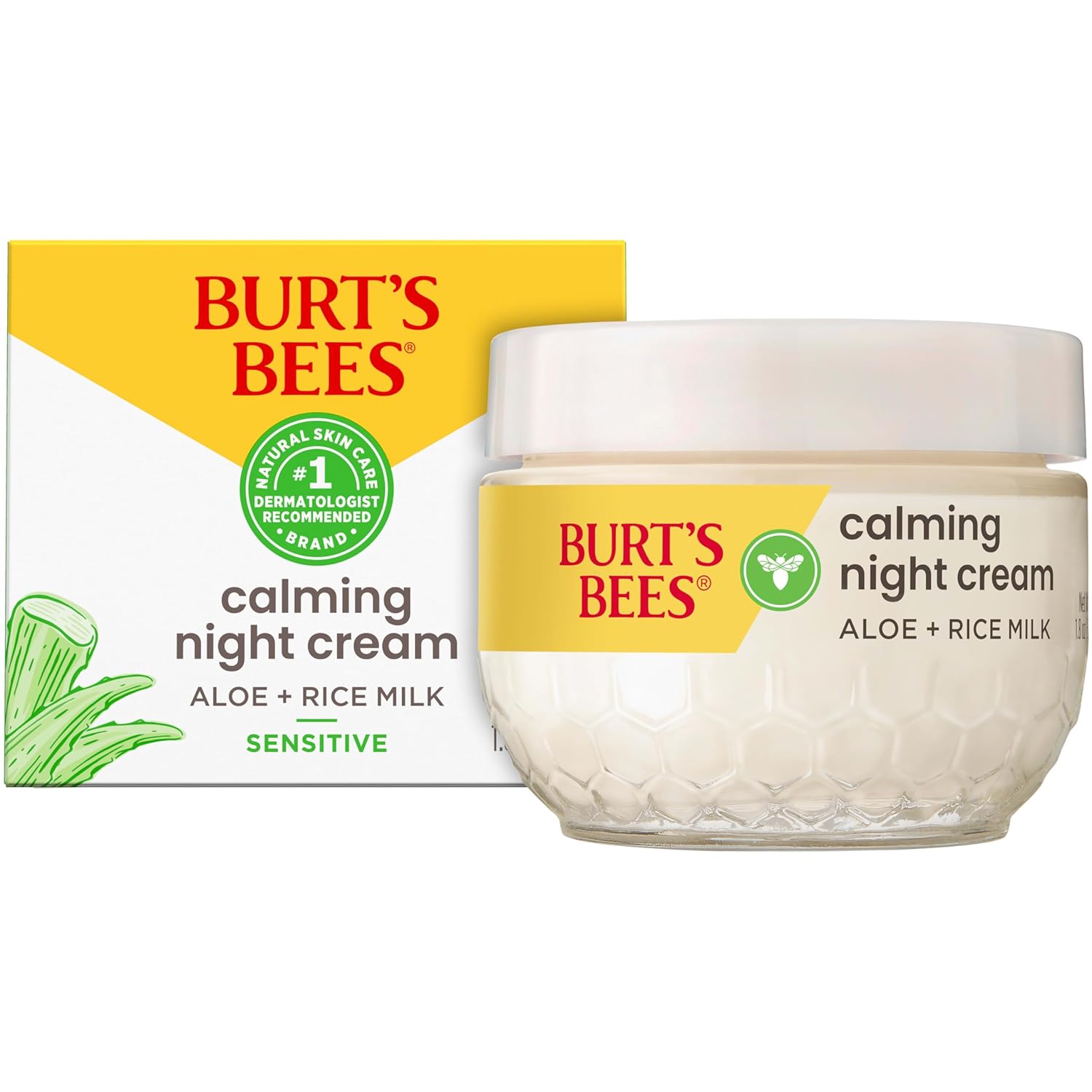 Burt's Bees - Loción facial calmante de día con aloe y leche de arroz, loción facial calmante para piel sensible, 98.9 por ciento de origen natural para el cuidado de la piel, botella de 1.8 oz. 52.6