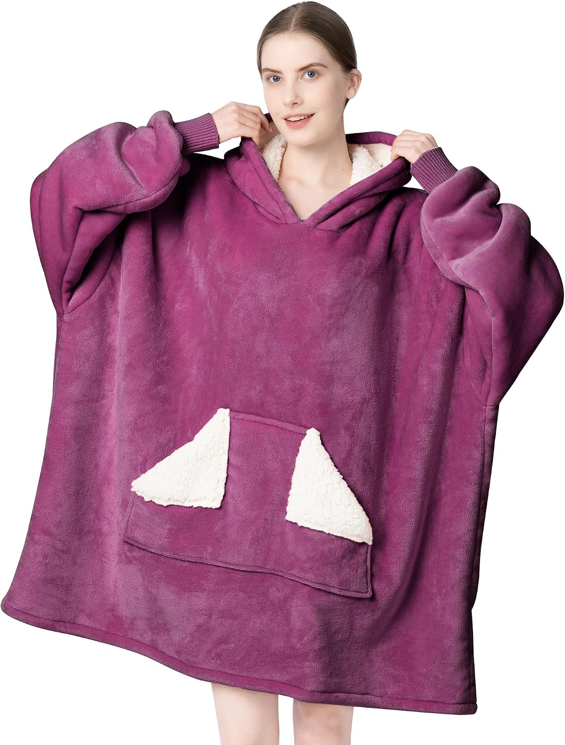 Touchat - Manta con capucha portátil, sudadera con capucha de forro polar sherpa de gran tamaño con bolsillo gigante y mangas para adulto, regalo de manta gris cálida y acogedora para mujeres