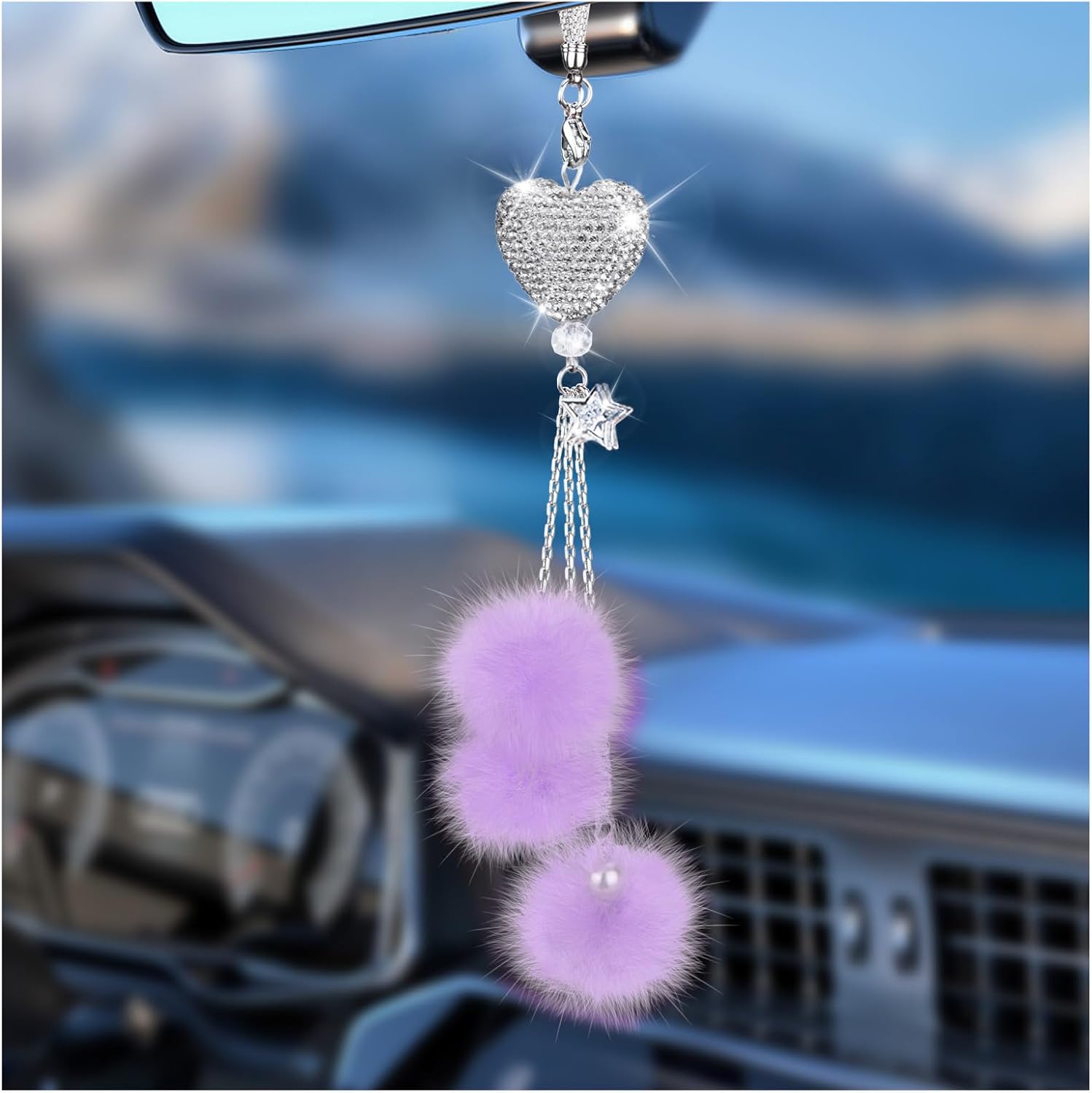 Adorno brillante para colgar en el automóvil, accesorios de espejo de automóvil para mujer, corazón de diamante y bola de felpa mullida, accesorios de automóvil para colgar, colgante para espejo