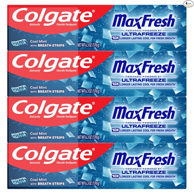 Colgate MaxFresh Clean - Paquete de pasta de dientes de menta fresca, con flúor y cientos de mini tiras de aliento, deja la boca con una sensación refrescante durante horas, paquete de 4, 6.3 onzas
