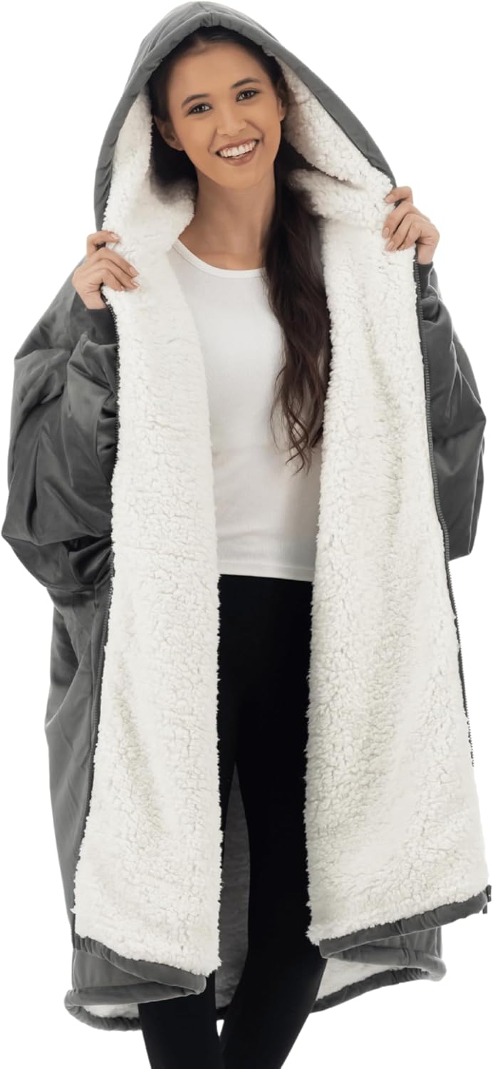 THE COMFY Original - Manta de forro polar de microfibra con forro sherpa, diseño de gran tamaño con capucha y bolsillo de Shark Tank