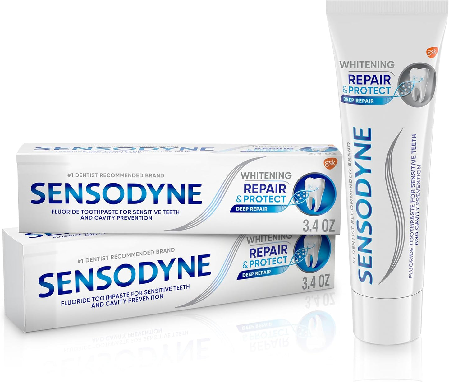 Sensodyne Repair and Protect - Pasta dental blanqueadora para dientes sensibles y prevención de caries, 3.4 onzas (paquete de 2)