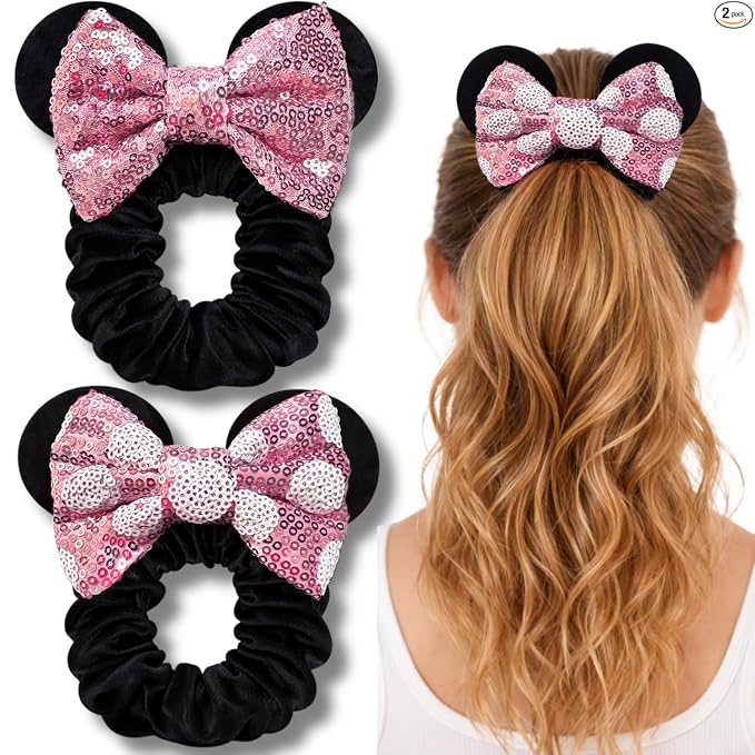 Styla Hair Paquete de 2 coleteros de ratón para niños, de terciopelo, con lentejuelas brillantes, para cola de caballo (rojo y negro)
