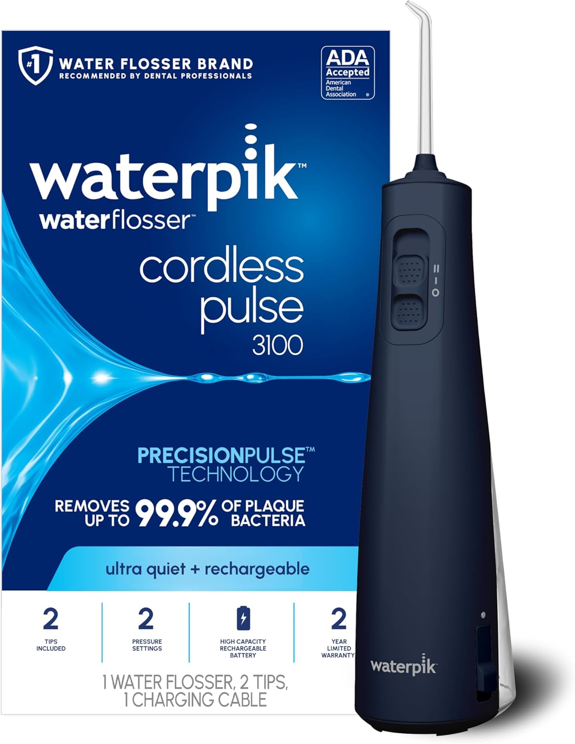 Waterpik Irrigador de agua portátil recargable Pulse 3100 inalámbrico para dientes, encías, cuidado de aparatos ortopédicos y viajes con 2 puntas de hilo dental, impermeable para uso en la ducha, aceptado por ADA, WF-20 blanco, exclusivo de Amazon